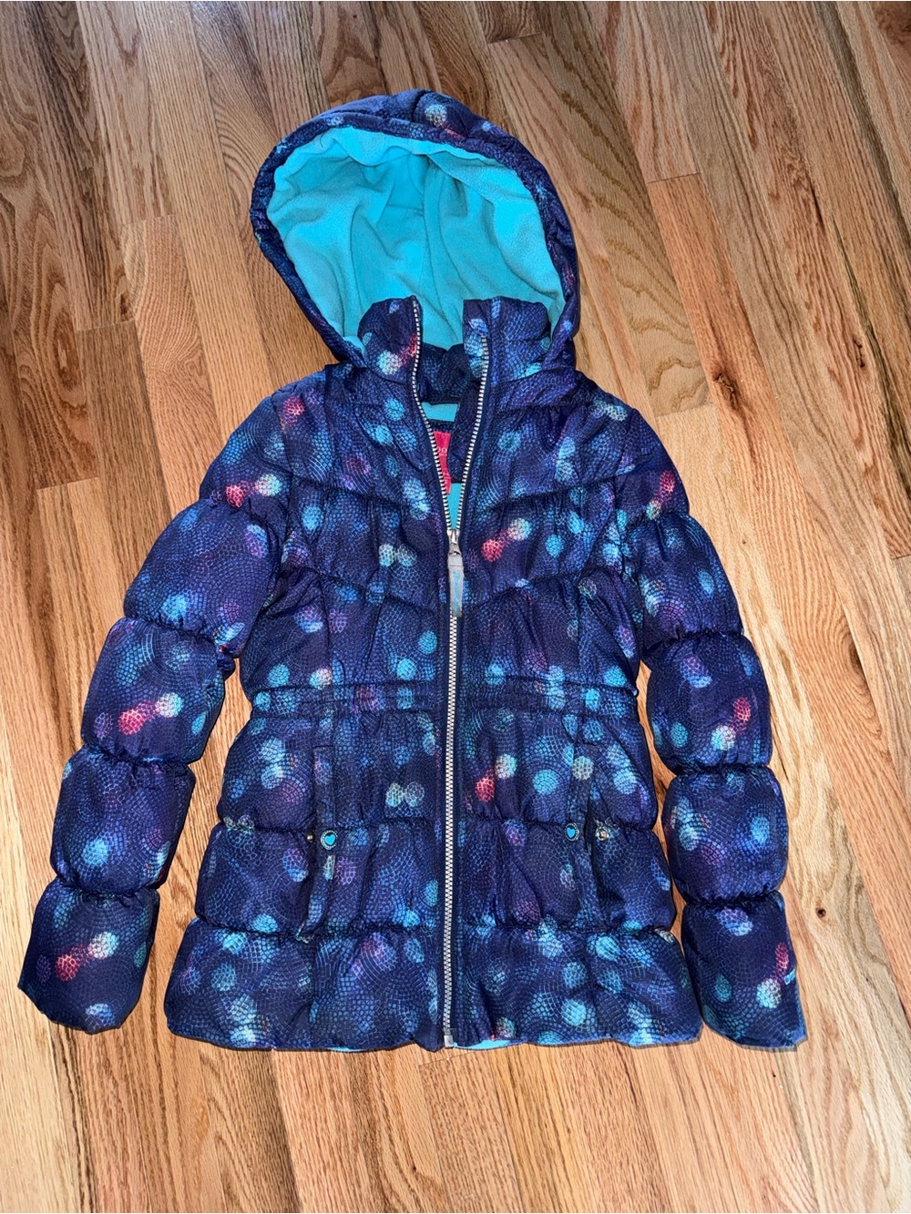 London Fog Navy Blue Dot-Print Puffer Jacket with Hood